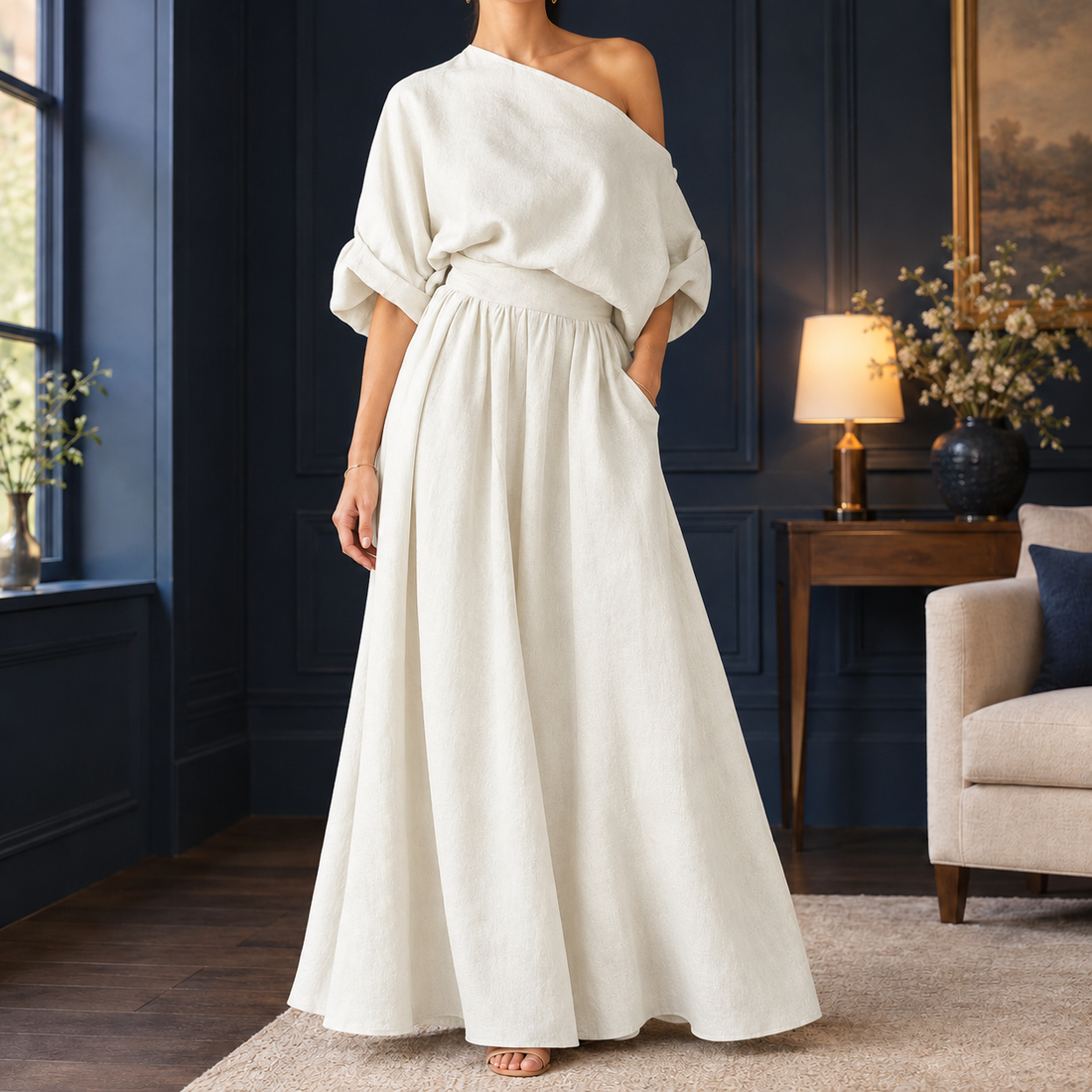 Annabel Draped Skirt Set - White