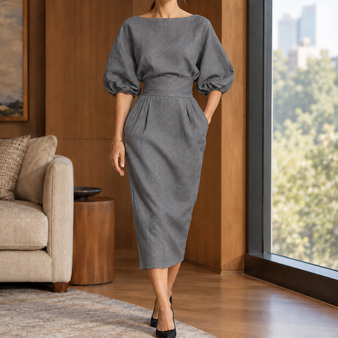 Noelle Pleated Midi Dress - Gray