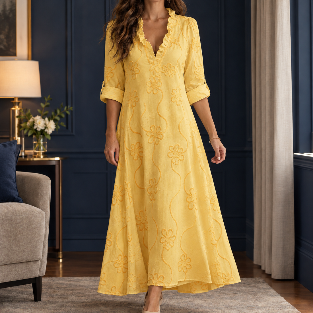 Aurore Embroidered Maxi Dress - Yellow