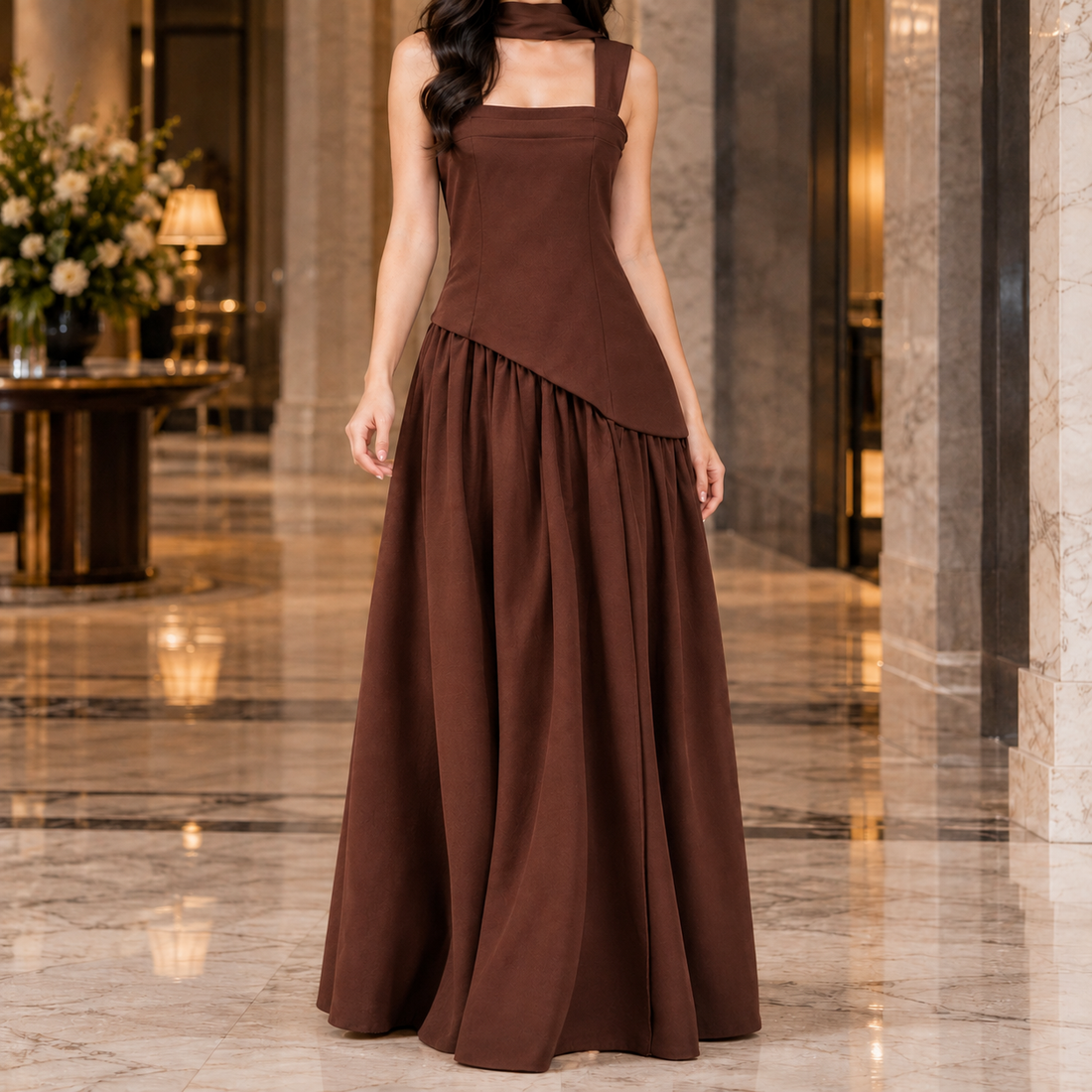 Adaline Asymmetric Maxi Dress - Brown