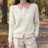 Lydia Cable Knit Cardigan - White Pink Collar