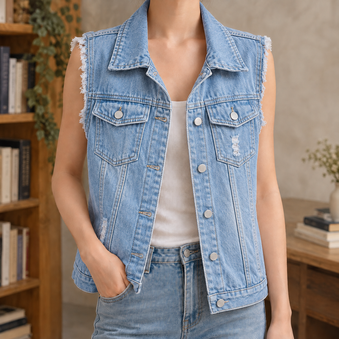 Anais Frayed Denim Vest - Light Denim