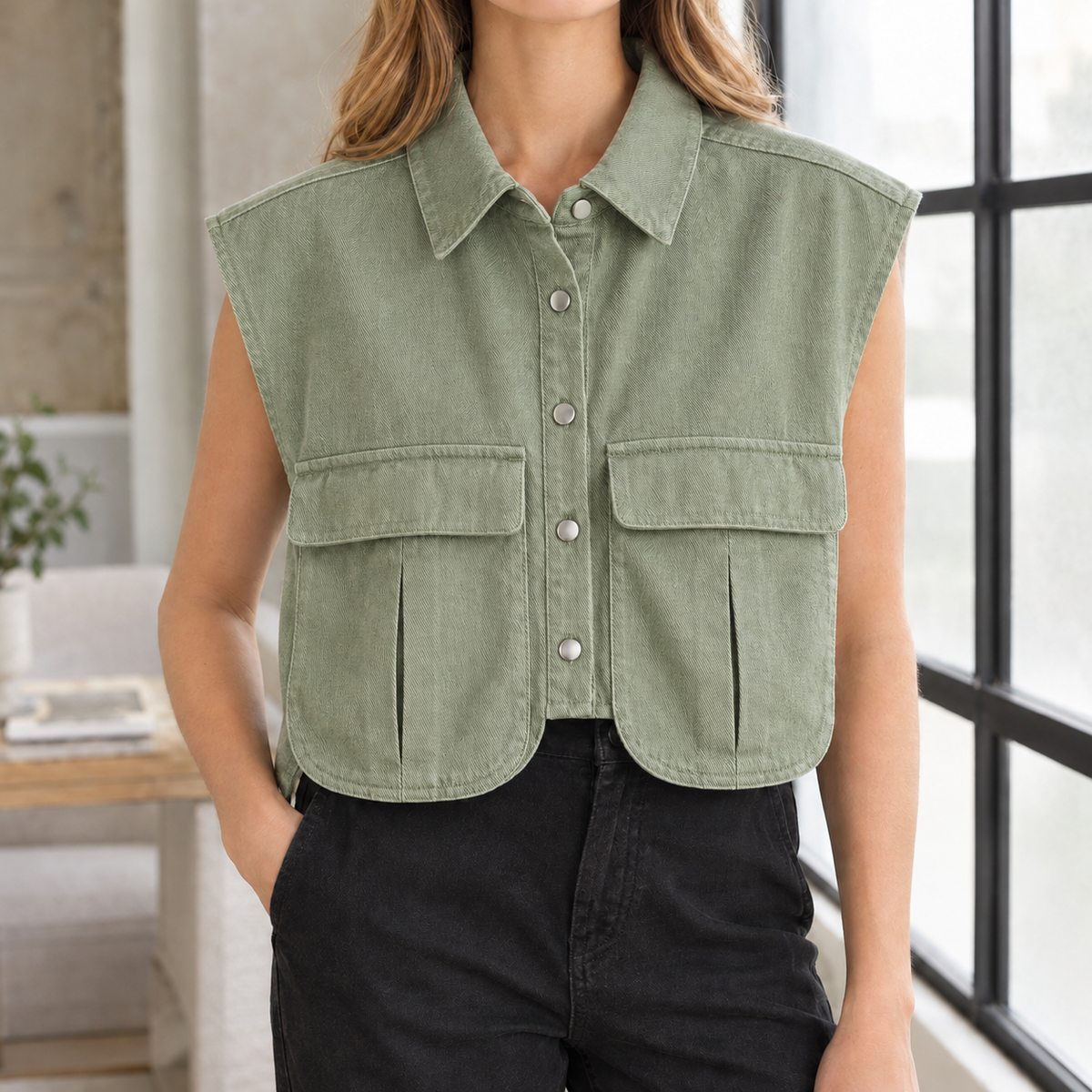 Angelique Cropped Denim Top - Army Green