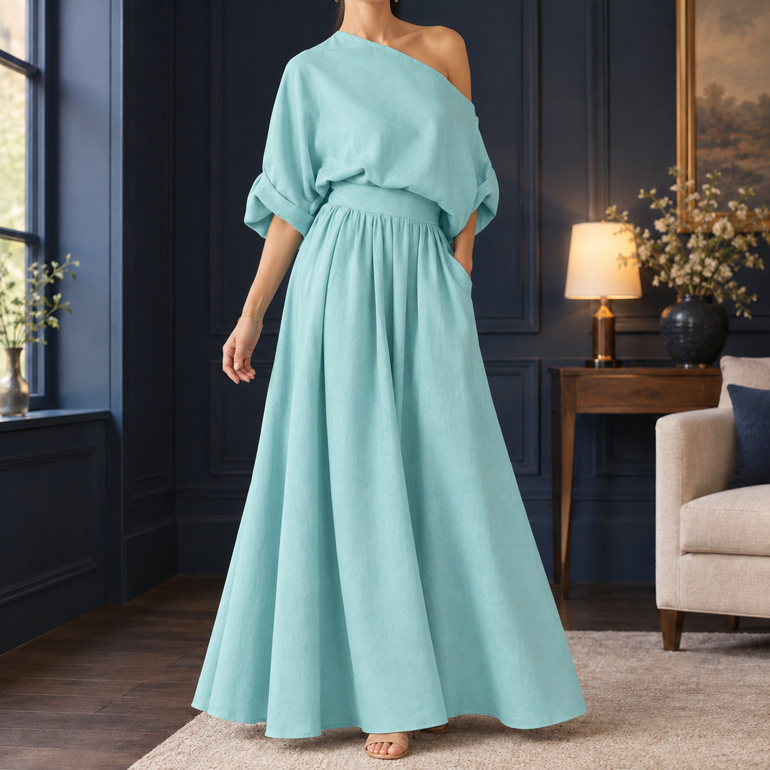 Annabel Draped Skirt Set - Sky Blue