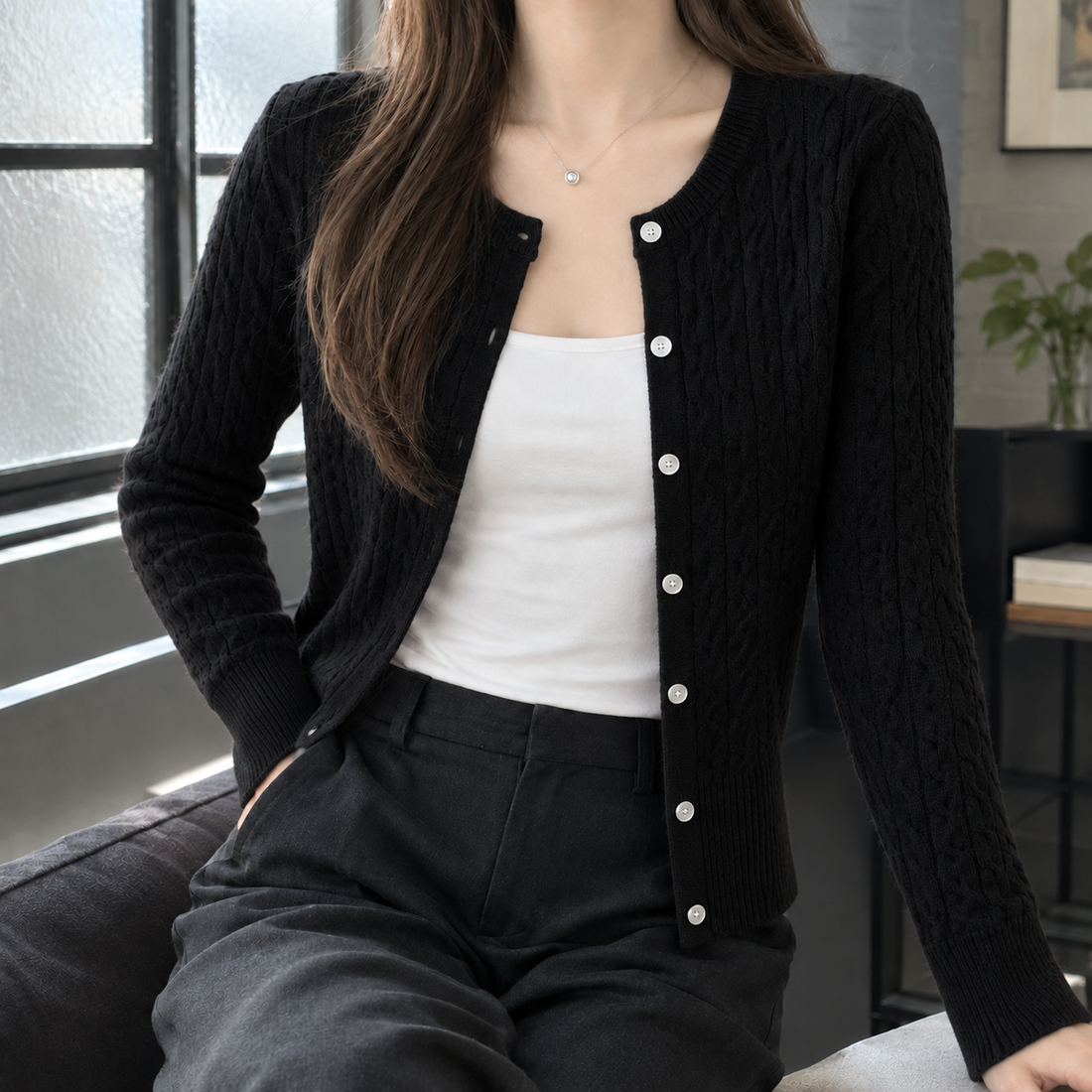 Elodie Cable Knit Cardigan - Black