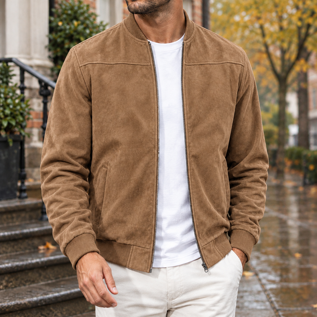 Mortimer Suede Bomber Jacket - Caramel Brown