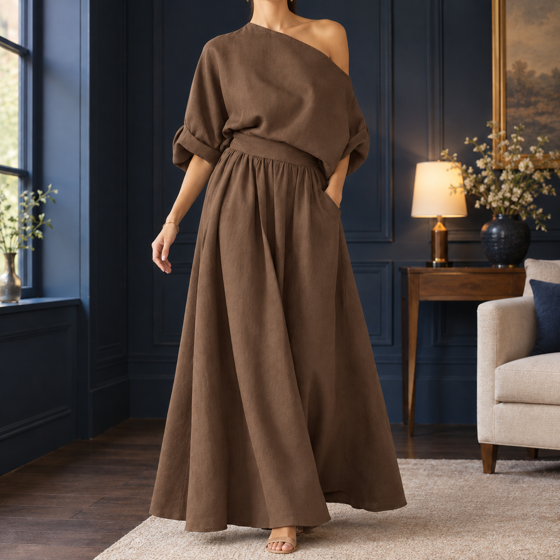 Annabel Draped Skirt Set - Dark Brown