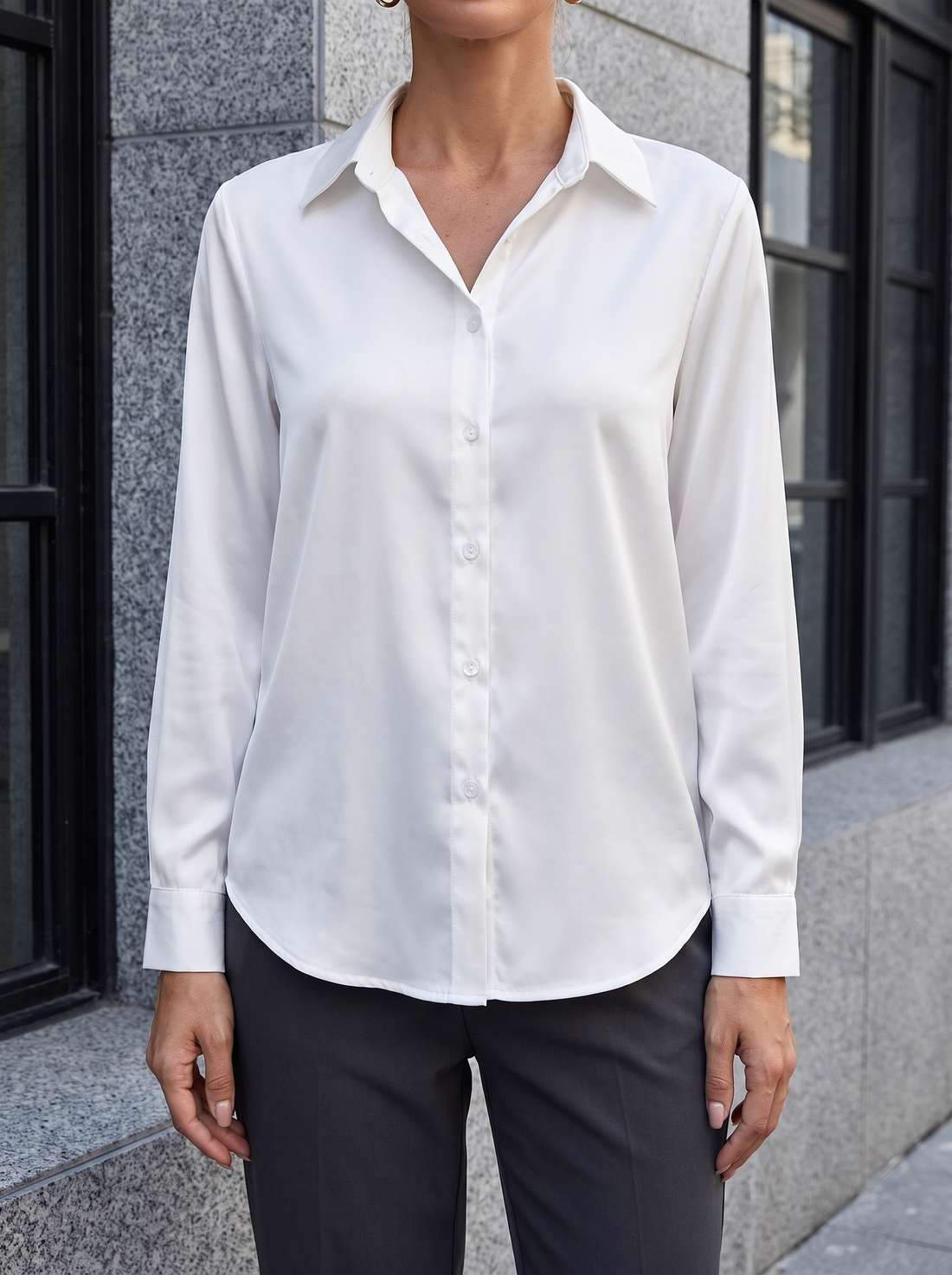 Ines Satin Button-Front Blouse in White - front view