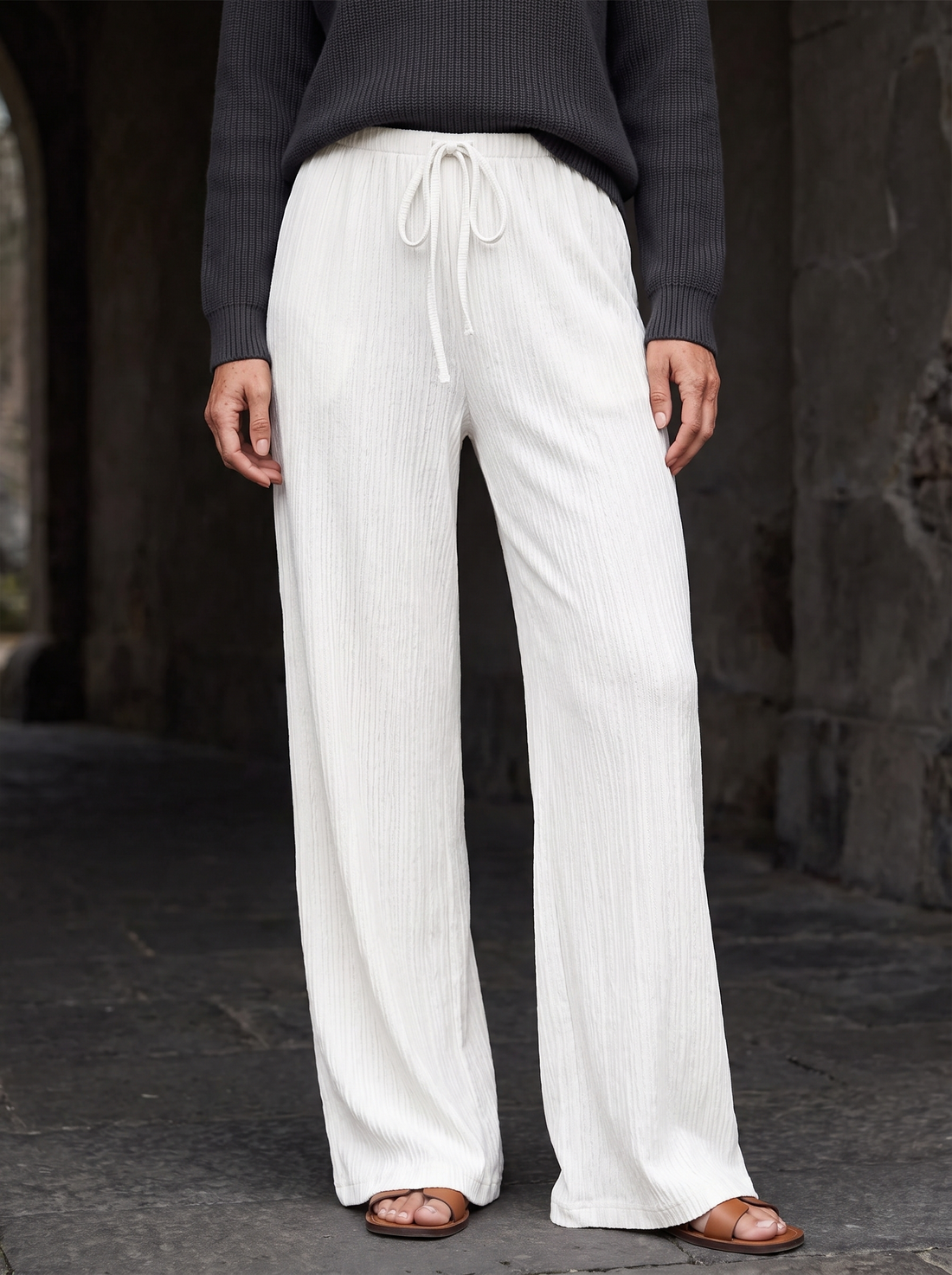 Margot Drawstring Wide-Leg Pants in White - front view