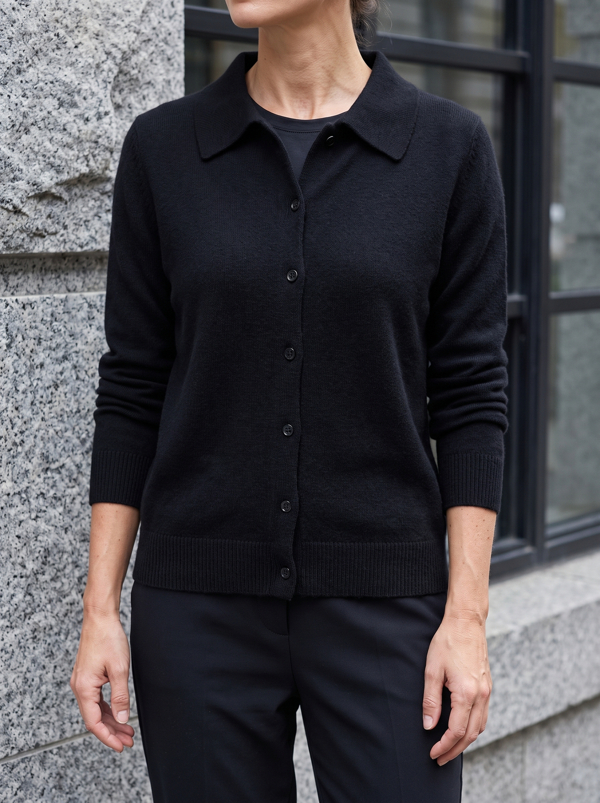 Mina Collared Knit Cardigan in Black - front view