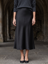 Sylvie Satin Midi Skirt in Black - front view